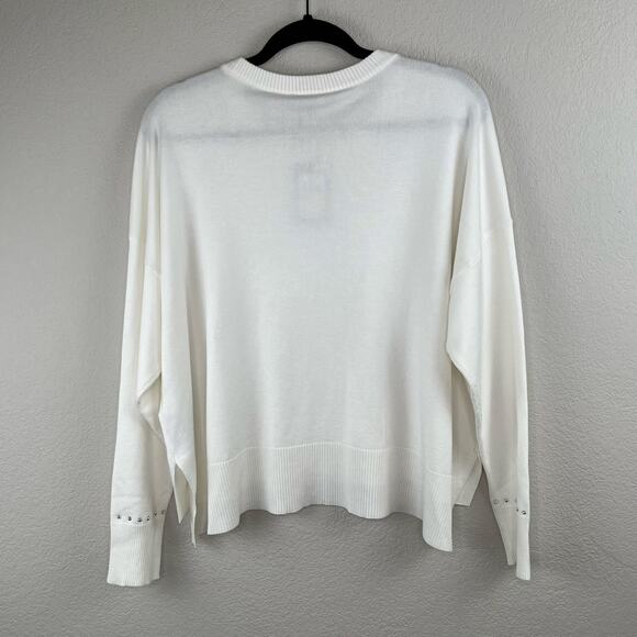 DKNY White Crewneck Stud Trim Split Hem Oversized Long Sleeve Sweater XL NWT - Picture 14 of 14